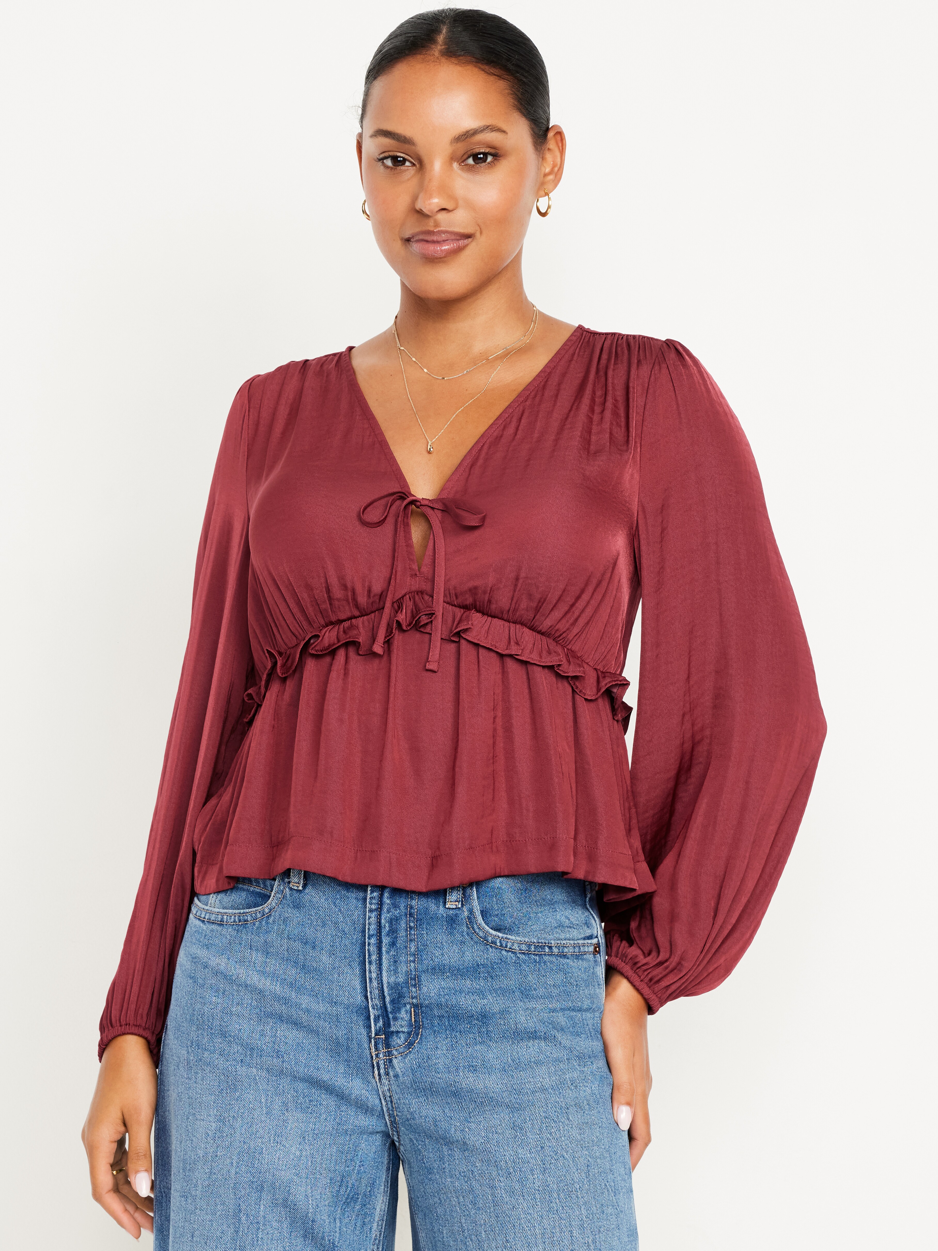 Satin Ruffle Tie-Front Top