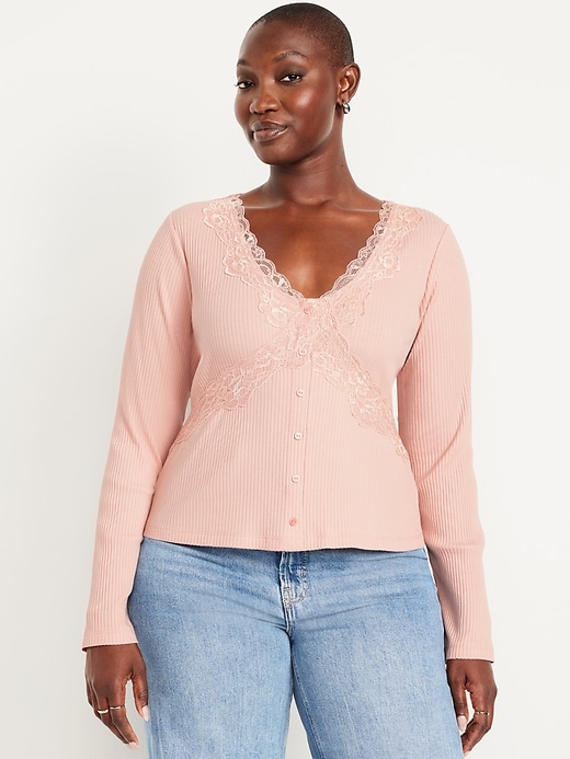 Image number 6 showing, Lace-Trim V-Neck Ribbed Top