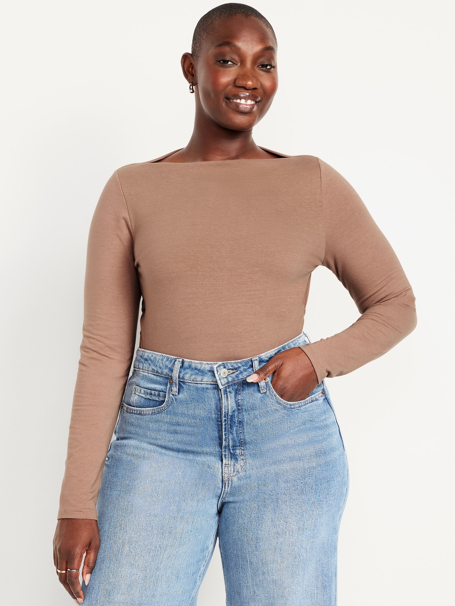 Long-Sleeve Slit-Neck Ruched Top