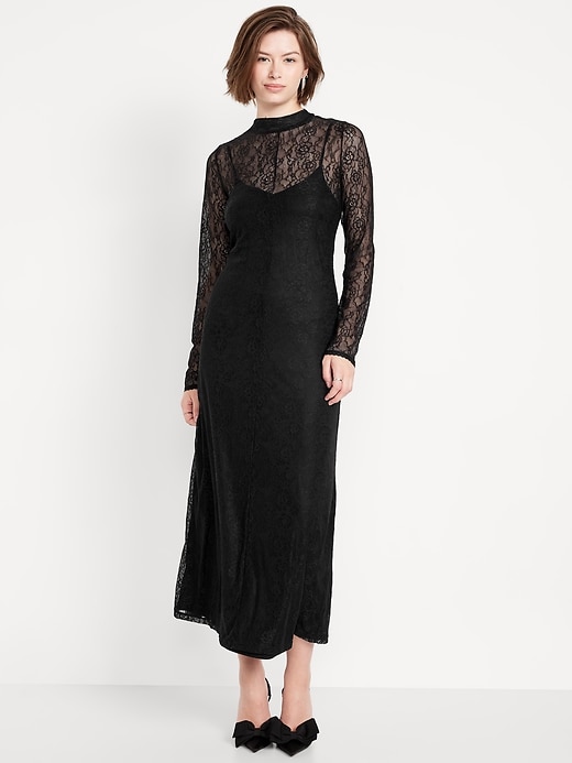 Image number 1 showing, Mock Neck Lace Maxi Dress