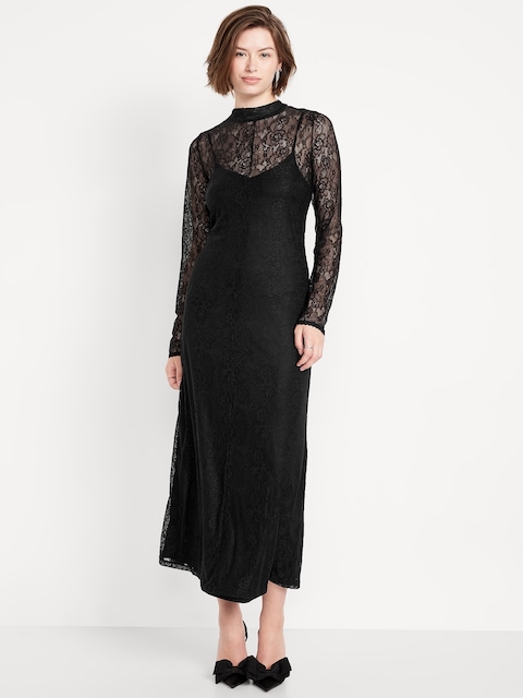 Mock Neck Lace Maxi Dress - Black Jack