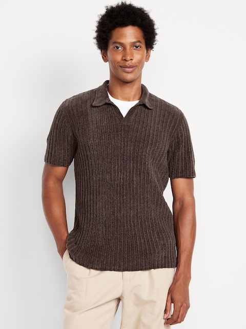 Short-Sleeve Chenille Polo Sweater