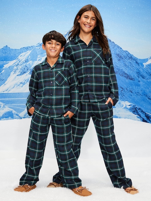 Printed Gender-Neutral Button-Front Pajama Set for Kids - Navy Plaid (Match The Fam!)