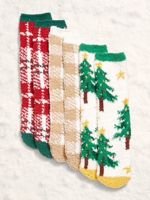 3-Pack Cozy Crew Socks for Women - Red Plaid/Neutral Plaid/Christmas Trees