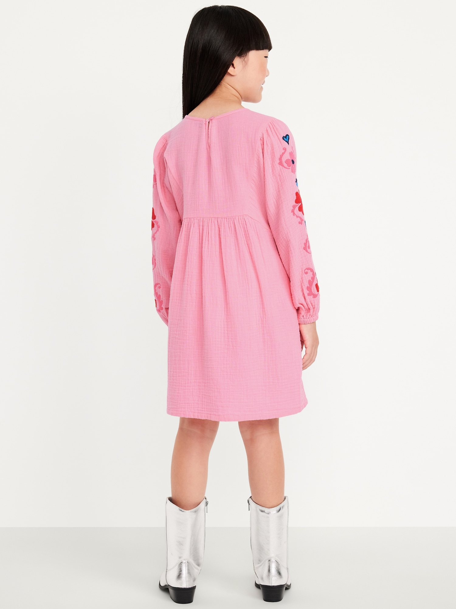 Long-Sleeve Double-Weave Embroidered Swing Dress for Girls