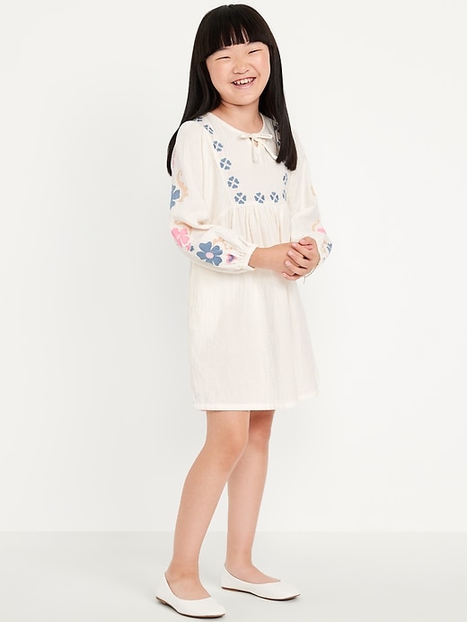 Image number 1 showing, Long-Sleeve Double-Weave Embroidered Swing Dress for Girls