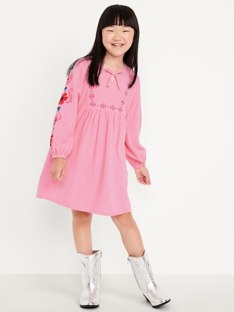 Long-Sleeve Double-Weave Embroidered Swing Dress for Girls - Guava Heart