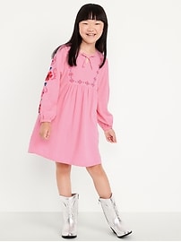 Image number 1 showing, Long-Sleeve Double-Weave Embroidered Swing Dress for Girls