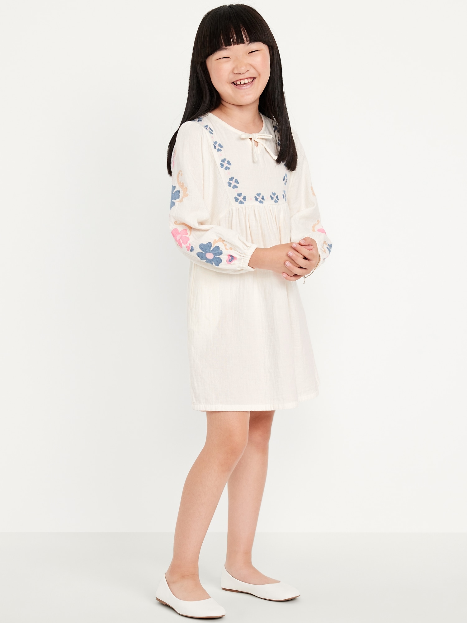 Long-Sleeve Double-Weave Embroidered Swing Dress for Girls