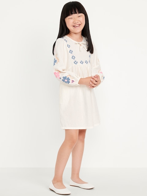 Long-Sleeve Double-Weave Embroidered Swing Dress for Girls - Sea Salt