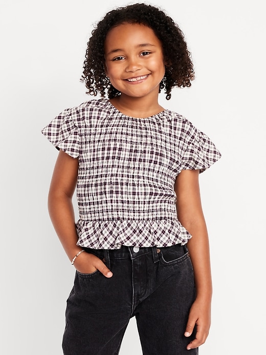Image number 1 showing, Short-Sleeve Plaid Smocked Top for Girls