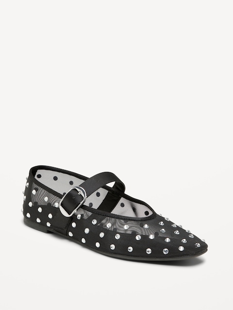 Mesh Embellished Mary Jane Ballet Flat for Women - Black Jack