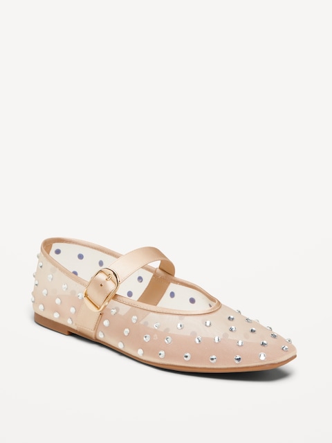 Mesh Embellished Mary Jane Ballet Flat for Women - Champagne Crystal