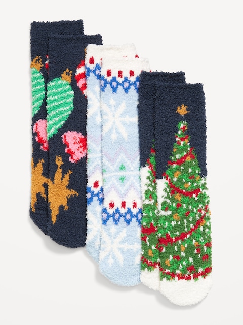 3-Pack Cozy Crew Socks for Women - Ornaments/Snow/Tree Lights