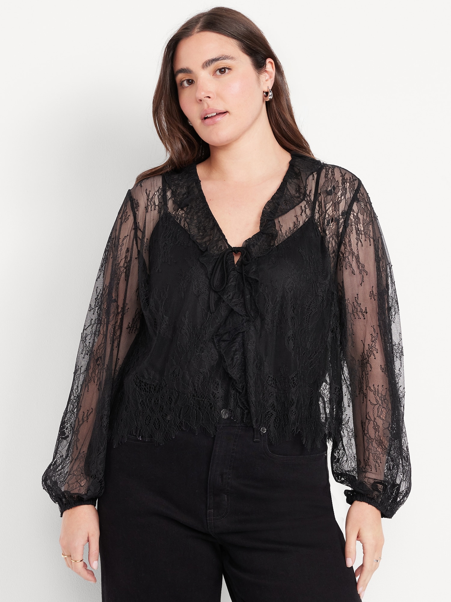 Long-Sleeve Lace V-Neck Lined Top