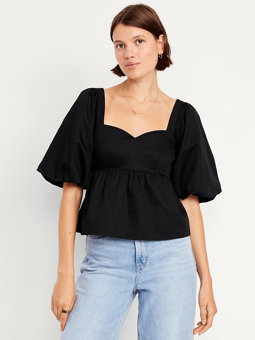 Image number 1 showing, Puff-Sleeve Poplin Peplum Top