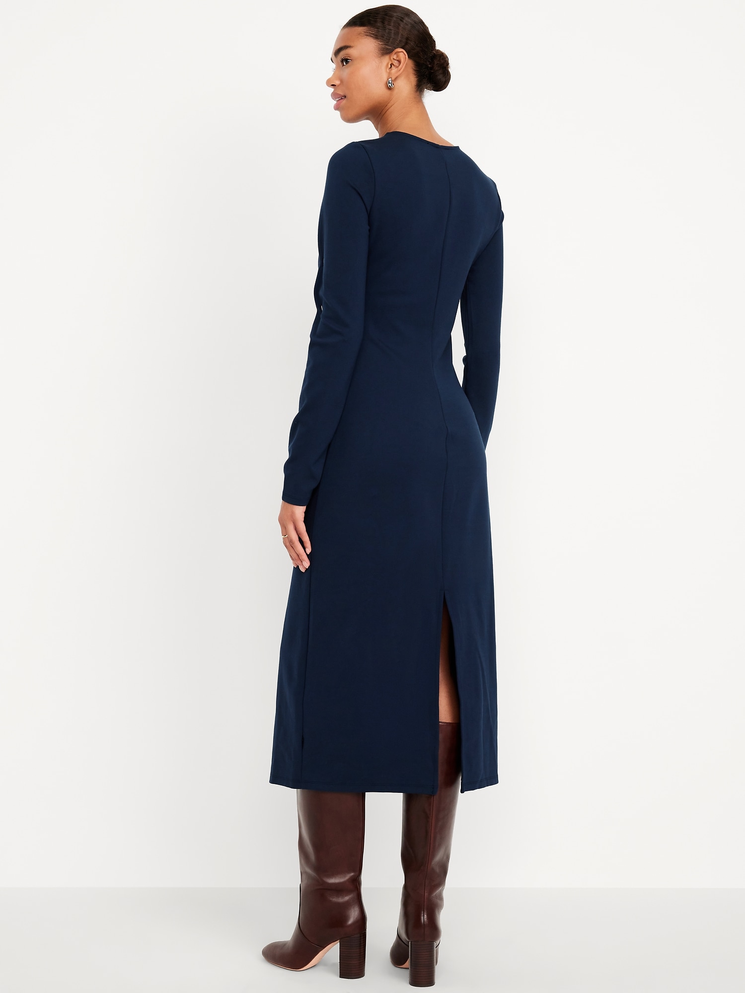 Long-Sleeve Twist-Neck Midi Dress