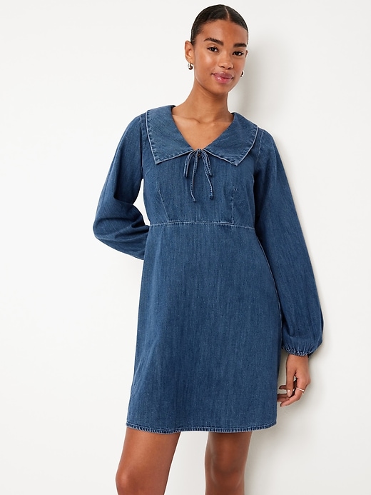 Image number 3 showing, Long-Sleeve Fit & Flare Collared Jean Mini Dress