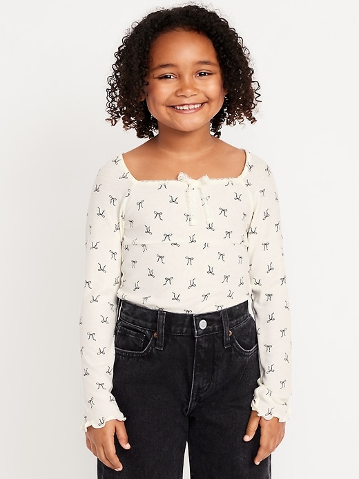 Image number 1 showing, Fitted Long-Sleeve Lace-Tie Ribbed T-Shirt for Girls