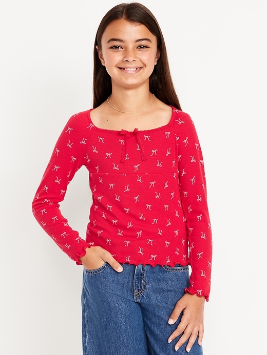 Image number 1 showing, Fitted Long-Sleeve Lace-Tie Ribbed T-Shirt for Girls