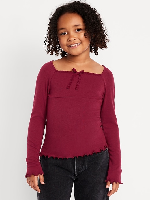 Image number 1 showing, Fitted Long-Sleeve Lace-Tie Ribbed T-Shirt for Girls