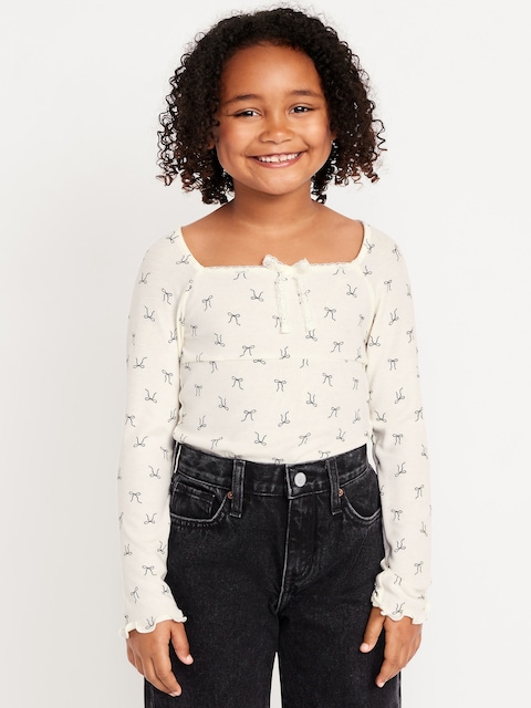 Fitted Long-Sleeve Lace-Tie Ribbed T-Shirt for Girls - Creme De La Creme