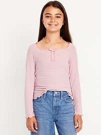 Image number 1 showing, Fitted Long-Sleeve Lace-Tie Ribbed T-Shirt for Girls
