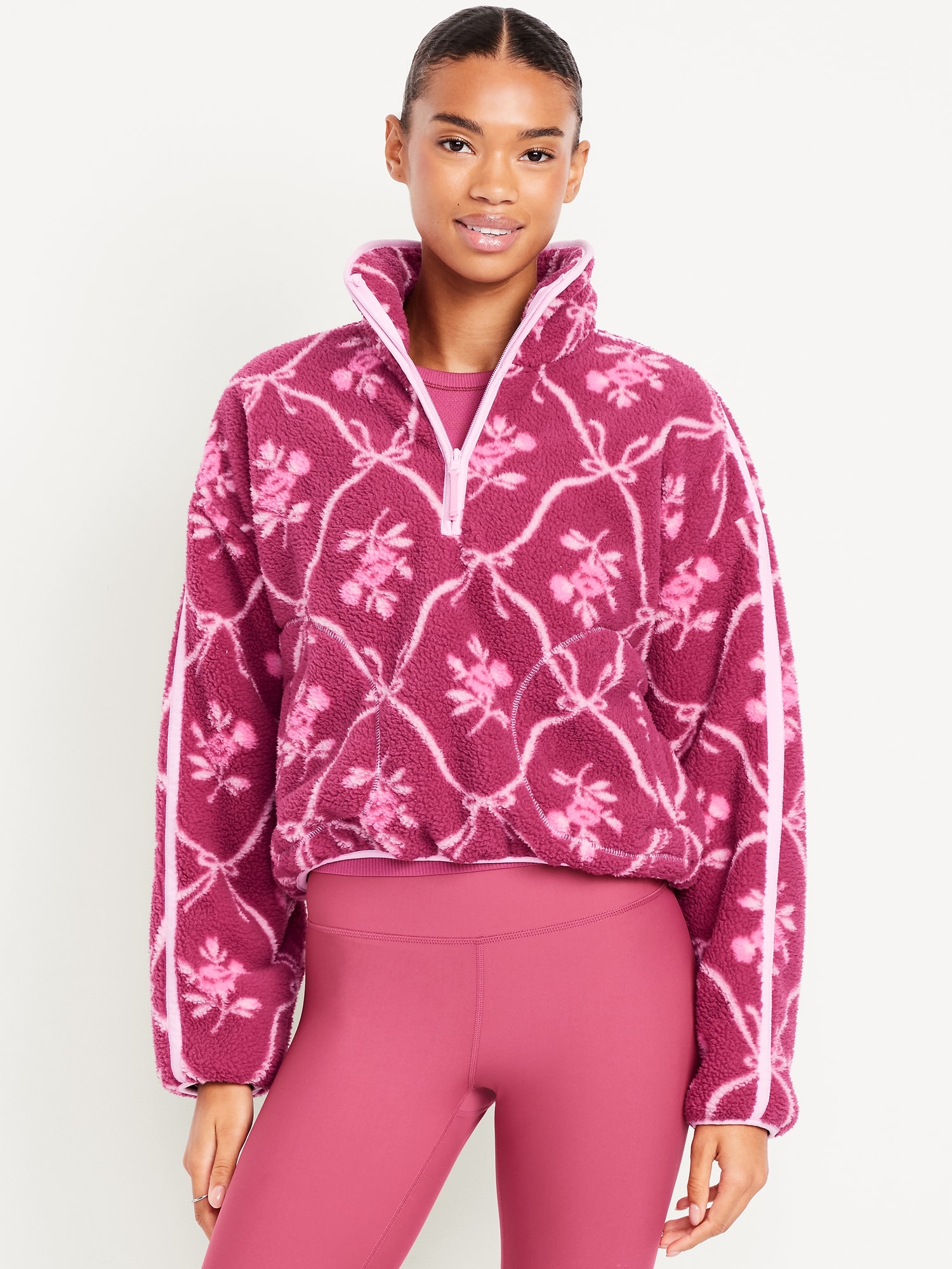 Printed Loose Sherpa Quarter-Zip Pullover