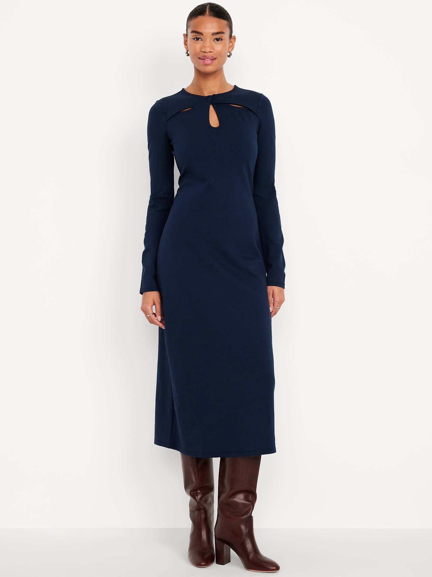 Long-Sleeve Twist-Neck Midi Dress