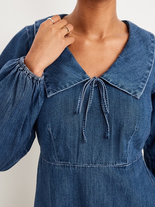 Image number 4 showing, Long-Sleeve Fit & Flare Collared Jean Mini Dress
