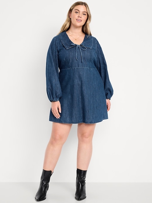 Image number 8 showing, Long-Sleeve Fit & Flare Collared Jean Mini Dress