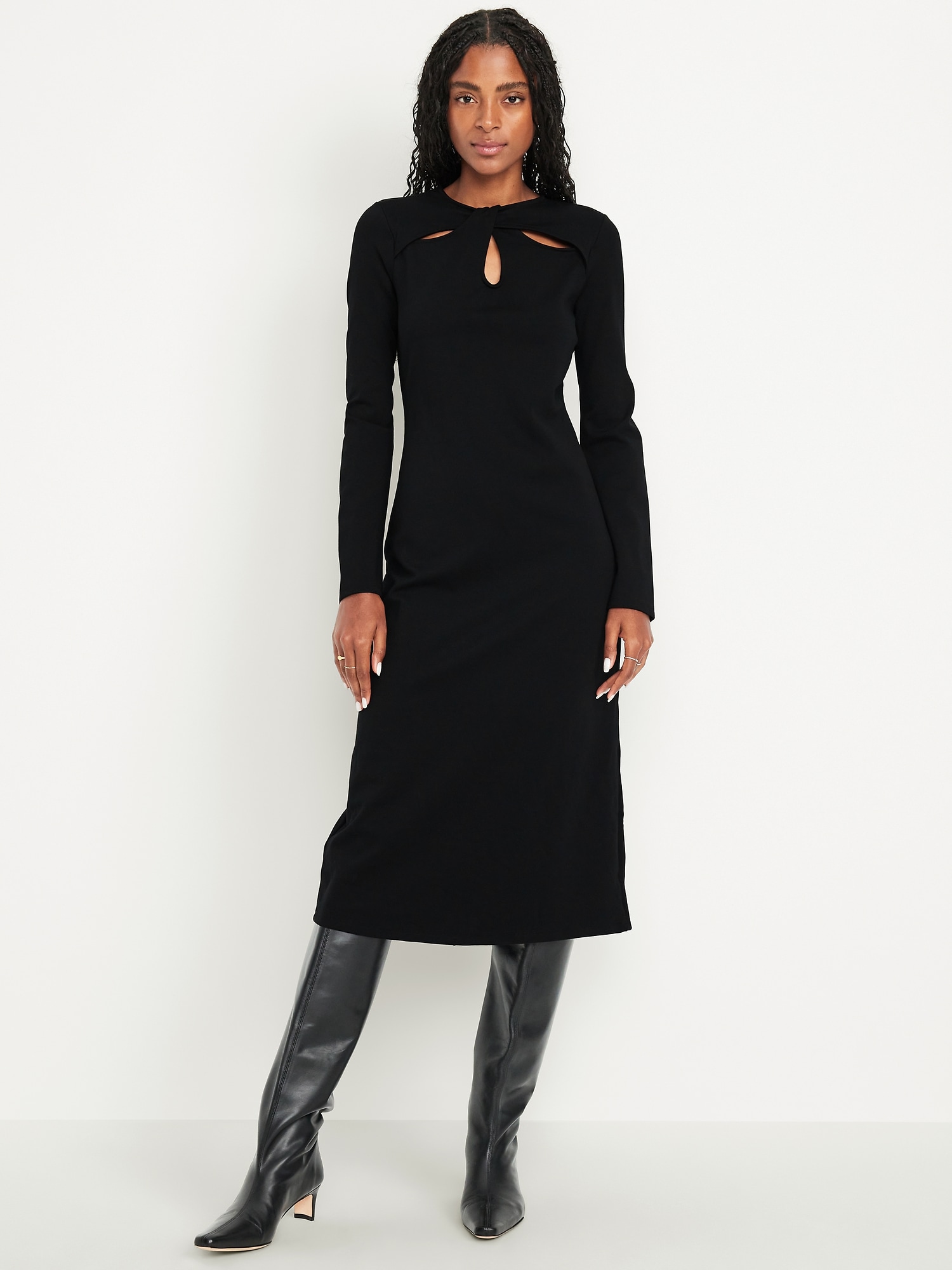 Long-Sleeve Twist-Neck Midi Dress