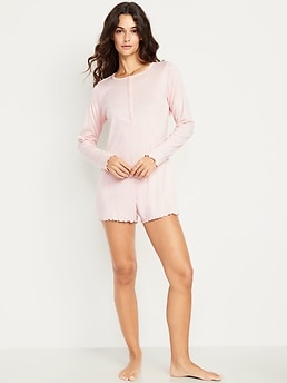 Long-Sleeve Pointelle Henley Pajama Romper - image 3