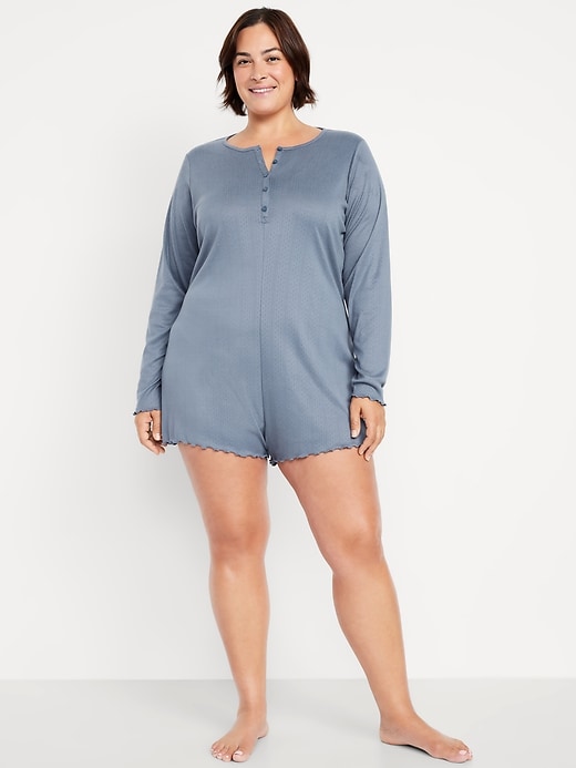 Image number 7 showing, Long-Sleeve Pointelle Henley Pajama Romper