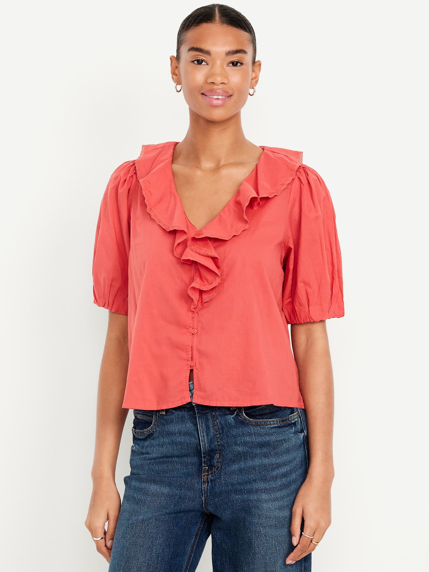 Ruffle Collar Button-Down Top