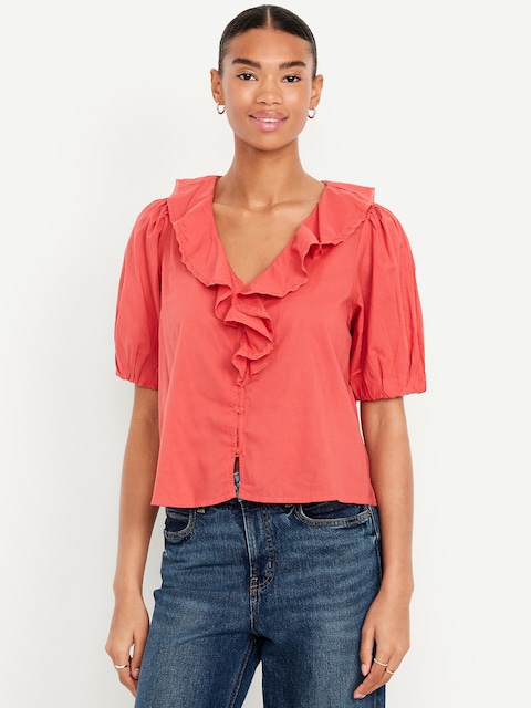 Ruffle Collar Button-Down Top