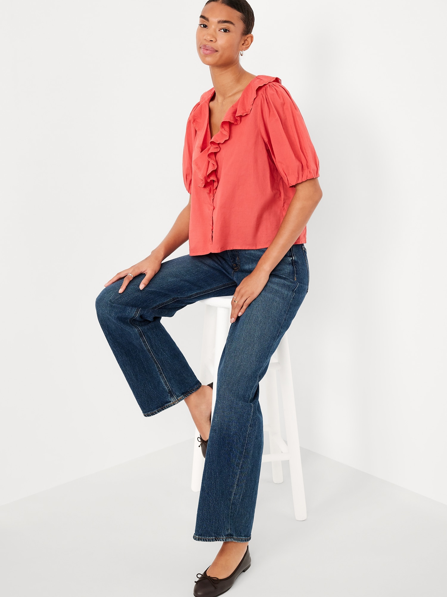 Ruffle Collar Button-Down Top