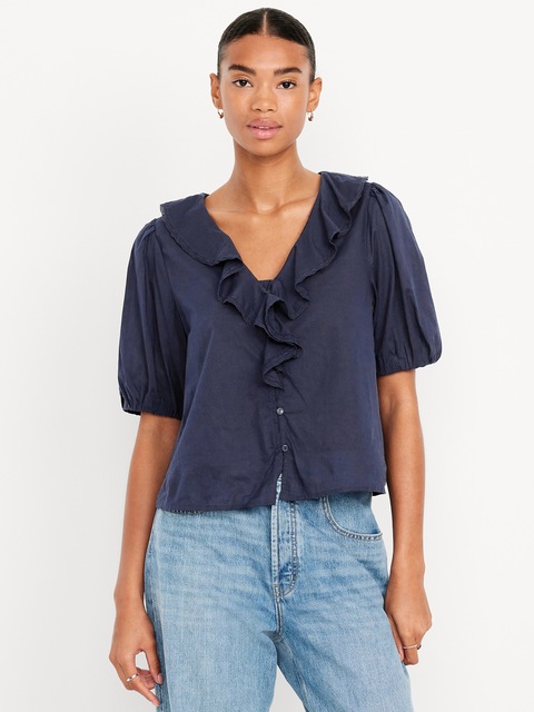 Ruffle Collar Button-Down Top