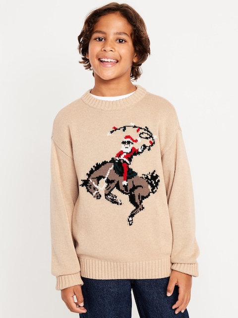Oversized Crew-Neck Holiday Graphic Sweater for Boys - Rodeo Santa