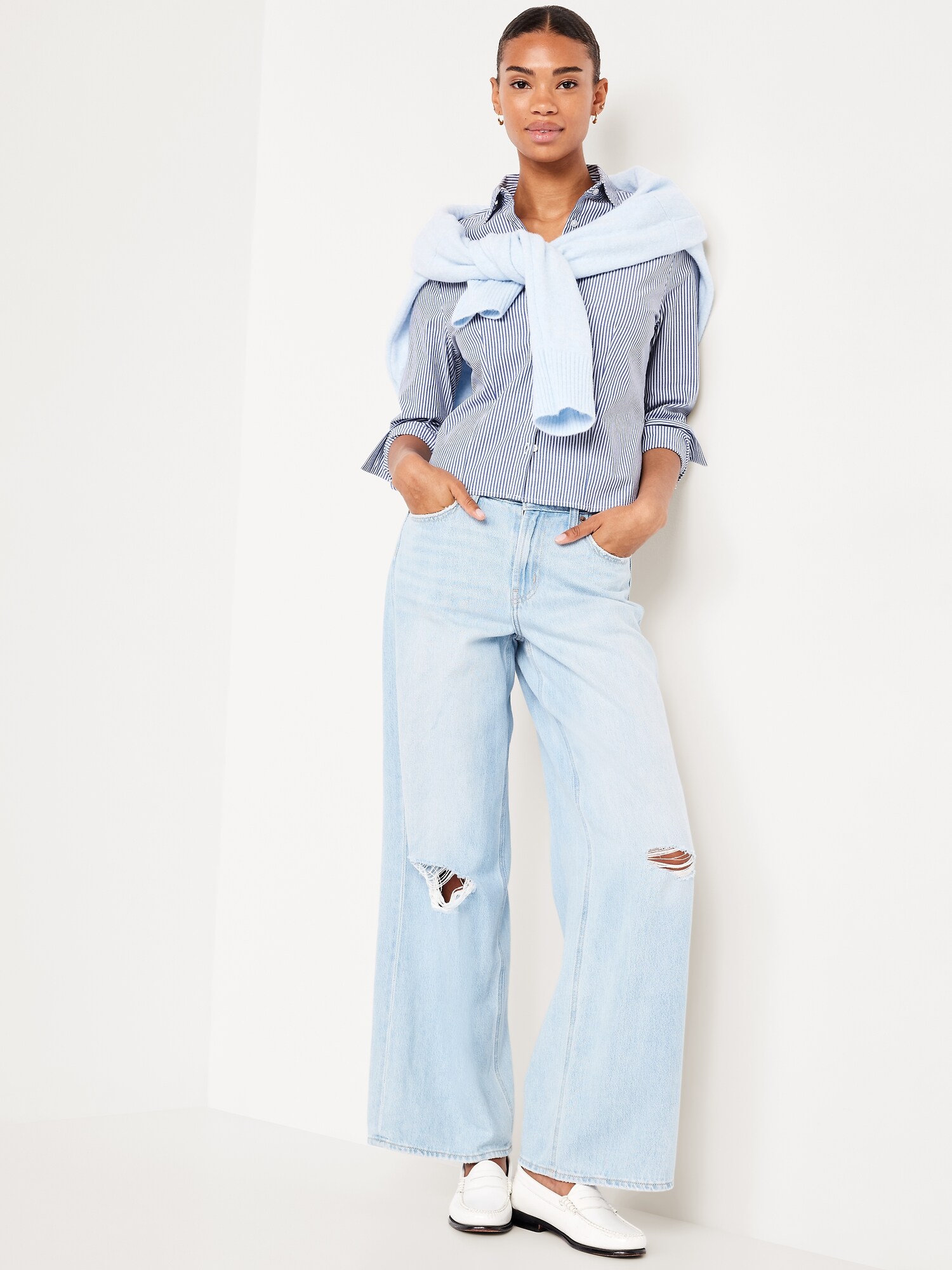 Женская рубашка Old Navy Slim Button-Down, цвет: Синий полосатый — фото 3