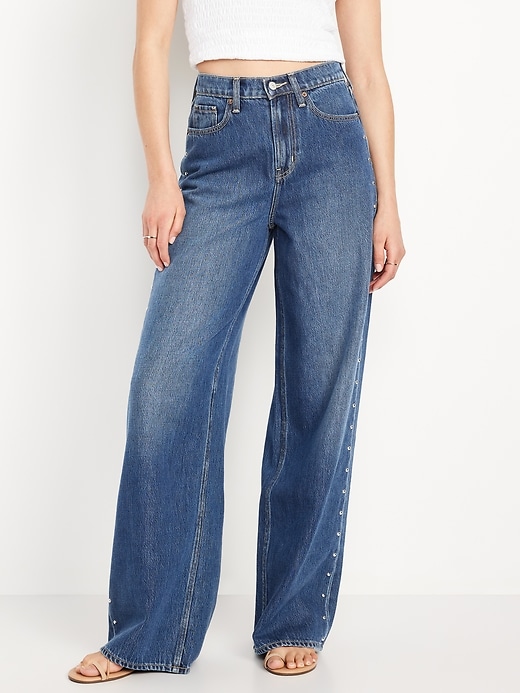 Image number 2 showing, High-Waisted Baggy Wide-Leg Studded Jeans