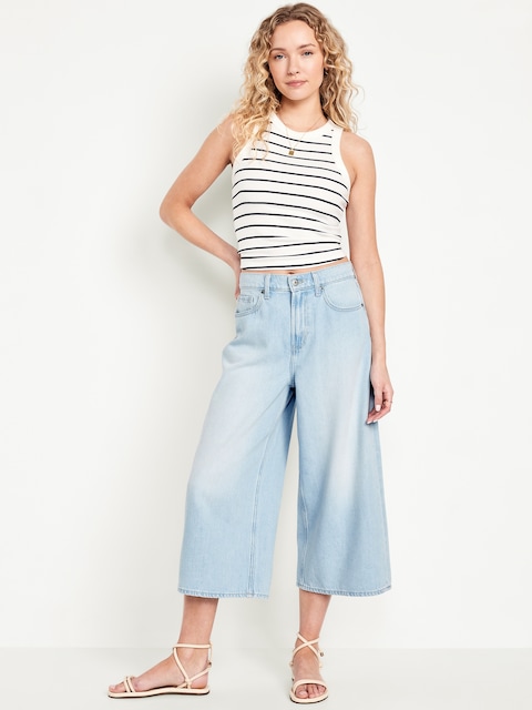 High-Waisted Baggy Wide-Leg Culotte Jeans - Light Dip