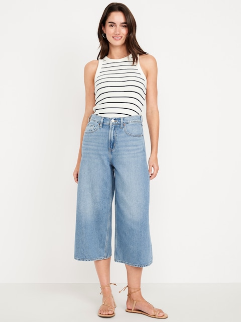 High-Waisted Baggy Wide-Leg Culotte Jeans - Light Wash