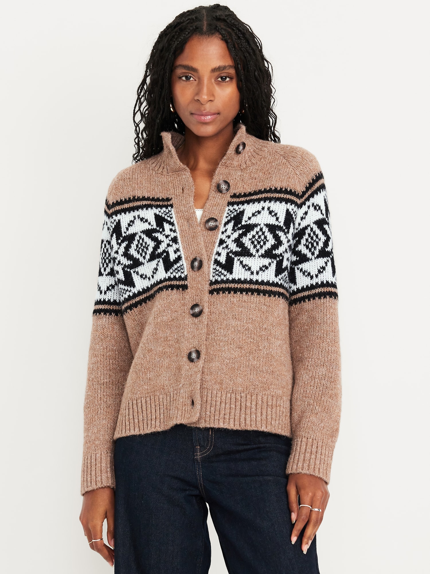 Mock-Neck Wool-Blend Cardigan Sweater