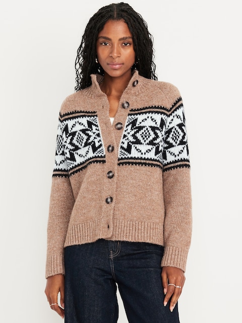 Mock-Neck Wool-Blend Cardigan Sweater