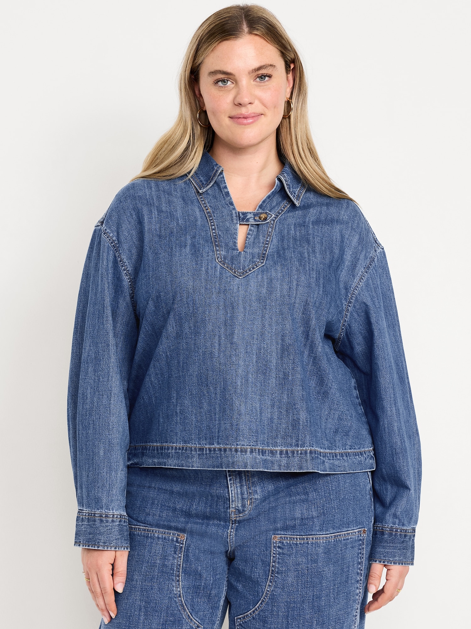 Long-Sleeve Popover Jean Shirt