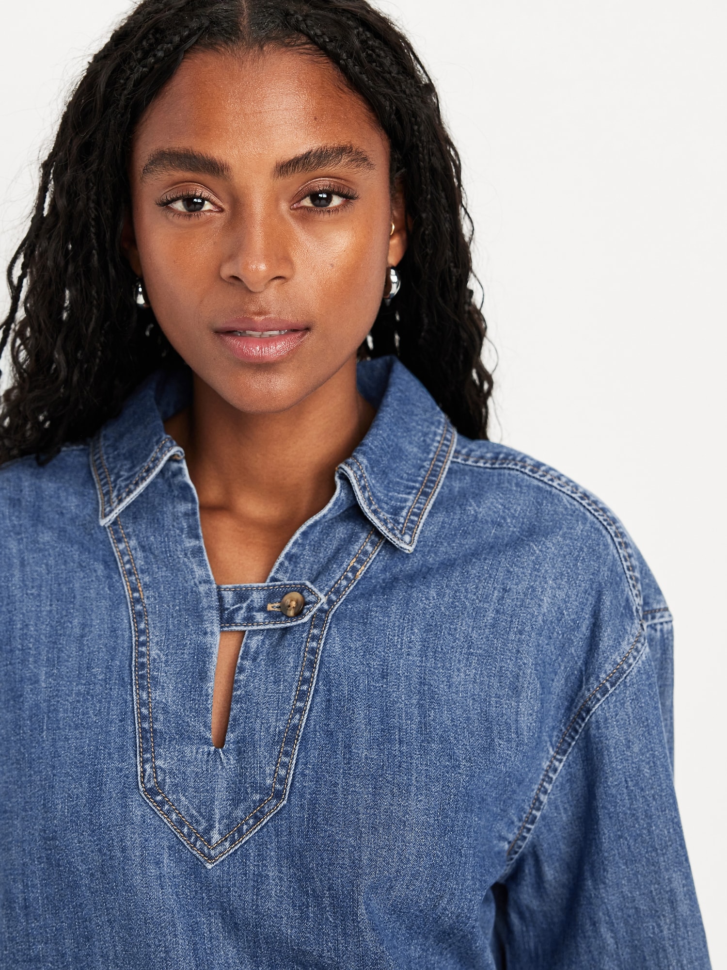 Long-Sleeve Popover Jean Shirt
