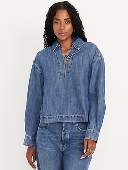 Long-Sleeve Popover Jean Shirt - image 2