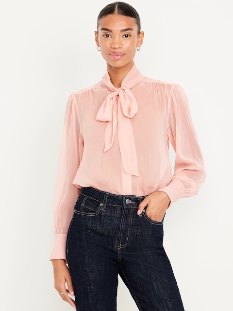 Long-Sleeve Tie-Neck Chiffon Top - Falling Petal
