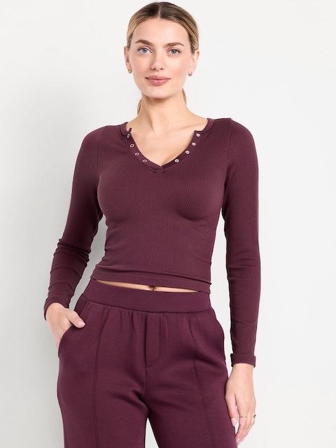 Exhale Seamless Cropped Henley Top - Dark Sepia